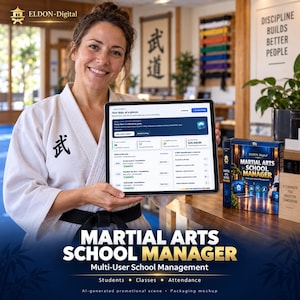 Könnte beinhalten: Ein digitales Tablet mit dem Dashboard des Martial Arts School Managers, präsentiert neben einer Software-Verpackung mit der Aufschrift Martial Arts School Manager. Die Box zeigt ein dunkelblaues Design mit goldener Schrift und einer Laptop-Grafik.