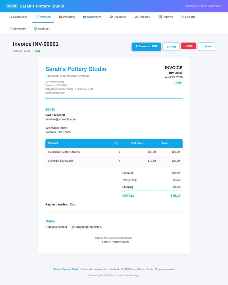 Pu&ograve; includere: Una fattura di Sarah's Pottery Studio, con il testo "Invoice INV-00001" e "PAID" in verde. La fattura include dettagli dei prodotti, quantit&agrave;, prezzi unitari e un totale di 72,50 &euro;.
