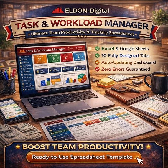 Task Workload Manager Spreadsheet | Team Project Tracker, Productivity Dashboard (Excel/Sheets)