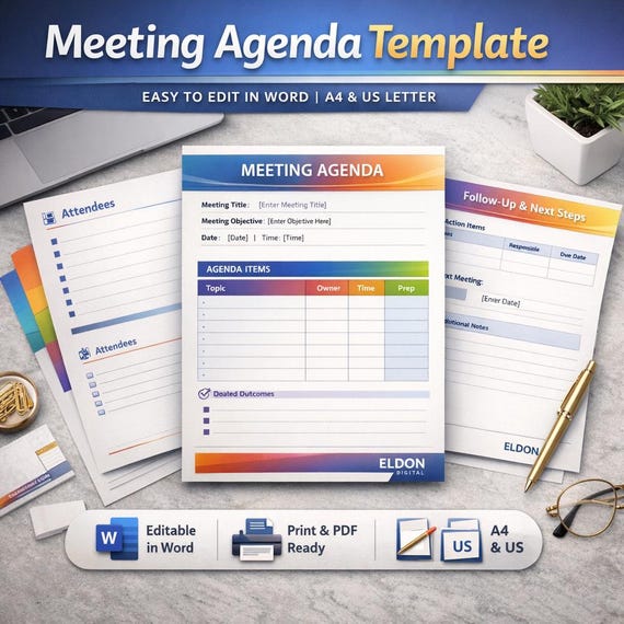 Meeting Agenda Template Word | Professional Editable Planner (A4 & US Letter)