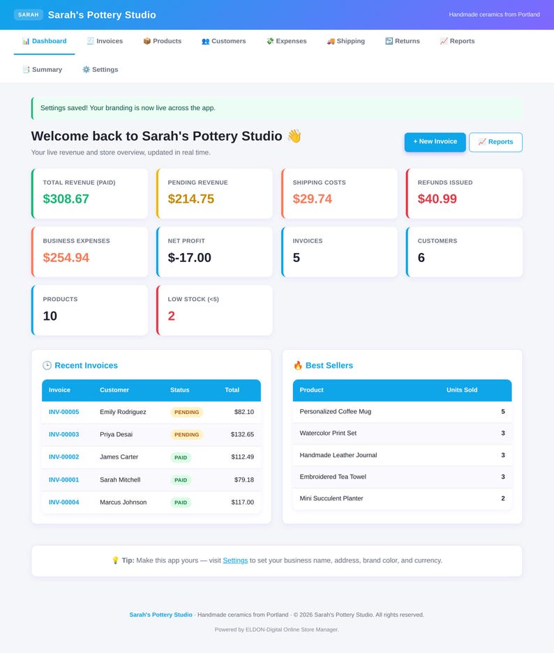 Pu&ograve; includere: Schermata della dashboard di Sarah's Pottery Studio, che mostra i dati di vendita, le fatture recenti e i prodotti pi&ugrave; venduti. L'interfaccia include entrate, spese e informazioni sui clienti, con un design pulito e intuitivo.