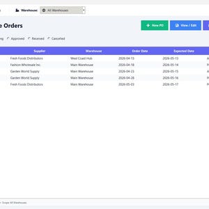 May include: A digital inventory management software interface displaying a Purchase Orders table. The screen features a dark blue sidebar with navigation links, a top header with user info, and a main table listing PO numbers, suppliers, warehouses, dates, and status.