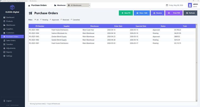 May include: A digital inventory management software interface displaying a Purchase Orders table. The screen features a dark blue sidebar with navigation links, a top header with user info, and a main table listing PO numbers, suppliers, warehouses, dates, and status.