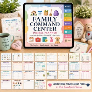 Könnte beinhalten: Ein digitaler Familien-Planer auf einem Tablet-Bildschirm mit bunten Symbolen und Reitern. Der Bildschirm zeigt den Text Family Command Center Digital Planner. Darunter befinden sich zahlreiche kleine Vorschaubilder verschiedener Vorlagen.