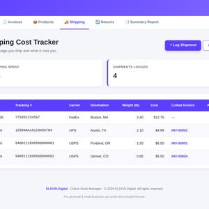Pu&ograve; includere: Schermata di un'interfaccia digitale di monitoraggio dei costi di spedizione. L'interfaccia mostra il totale delle spese di spedizione, il numero di spedizioni registrate e una tabella con i dettagli delle spedizioni, tra cui data, numero di tracciamento, corriere, destinazione, peso e costo.