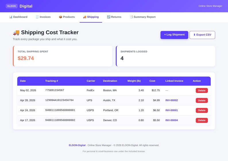 Pu&ograve; includere: Schermata di un'interfaccia digitale di monitoraggio dei costi di spedizione. L'interfaccia mostra il totale delle spese di spedizione, il numero di spedizioni registrate e una tabella con i dettagli delle spedizioni, tra cui data, numero di tracciamento, corriere, destinazione, peso e costo.