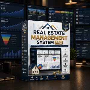 Może przedstawiać: Pudełko z oprogramowaniem Real Estate Management System Pro, zawierające grafikę pulpitu nawigacyjnego, mały model domu i złote klucze. Na pudełku widnieje tekst No Monthly Fees, You Own It Forever oraz ikony kompatybilności z systemami Windows i Mac.