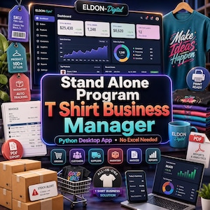May include: A promotional image for a t-shirt business management program. The image features a laptop displaying sales data, a smartphone, and a shopping cart with a t-shirt. The text reads "Stand Alone Program T Shirt Business Manager".