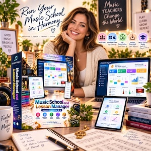 Op de afbeelding: Een softwareproductdoos en digitale interface voor Music School and Lesson Manager van Eldon-Digital. Het scherm toont een dashboard met gegevens over studenten, lessen en facturering op een laptop en een tablet.