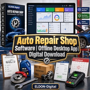 Könnte beinhalten: Eldon-Digital Autowerkstatt-Verwaltungssoftware auf einem Computermonitor mit Dashboard-Oberfläche. Enthält eine Box, ein Klemmbrett für Reparaturaufträge, einen 5W-30 Ölkanister, eine Bremsscheibe, einen Schraubenschlüssel, eine Rechnung und ein Zahlungsterminal.