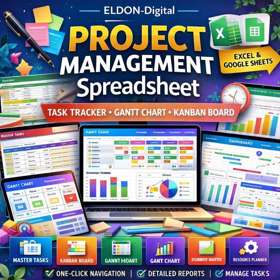Project Management Spreadsheet | Task Tracker, Gantt, Kanban (Excel, Google Sheets)
