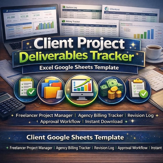 Client Project Deliverables Tracker | Agency Billing, Revision Log (Excel Google Sheets)