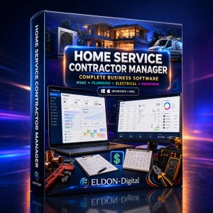 May include: A box for Home Service Contractor Manager software by Eldon-Digital. The packaging displays a laptop and monitor showing business dashboards, a clipboard, a calendar, a pipe wrench, and a multimeter. Text includes HVAC, Plumbing, Electrical, Handyman, and Windows + Mac compatibility.