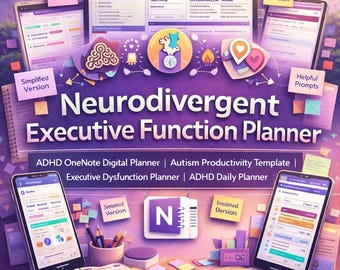 May include: A digital planner interface titled Neurodivergent Executive Function Planner, featuring purple themes, icons, and text labels like Simplified Version and Helpful Prompts. The display includes two smartphones, a tablet, and a notebook.