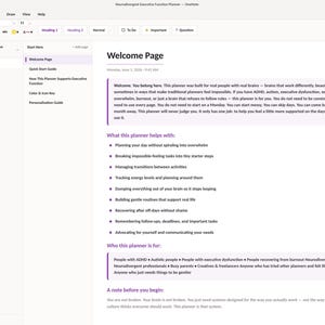 May include: A digital OneNote interface displaying a Neurodivergent Executive Function Planner. The welcome page features purple text boxes, a sidebar with navigation tabs like Dashboard and Daily Support, and bulleted lists outlining planner goals.