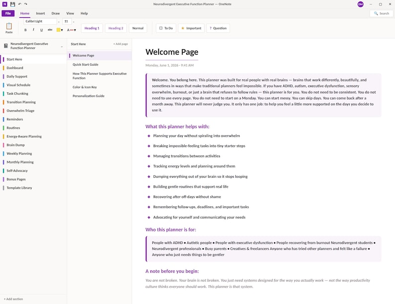 May include: A digital OneNote interface displaying a Neurodivergent Executive Function Planner. The welcome page features purple text boxes, a sidebar with navigation tabs like Dashboard and Daily Support, and bulleted lists outlining planner goals.