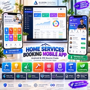 May include: A digital display showing a Home Services Booking Mobile App source code package. It features a laptop with an admin dashboard, two smartphones showing customer and provider interfaces, and eight colorful service category icons.