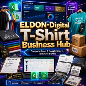 May include: An advertisement for Eldon-Digital T-Shirt Business Hub. The image features a business overview, t-shirts, a laptop with an inventory tracker, and a calculator. The text includes "Create Your Brand" and "Print on Demand".