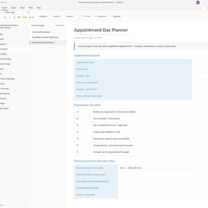 May include: A digital planner page titled Appointment Day Planner featuring sections for Appointment Details, a Preparation Checklist with checkboxes, and a Post-Appointment Recovery Plan. The layout includes light blue text boxes and fields.