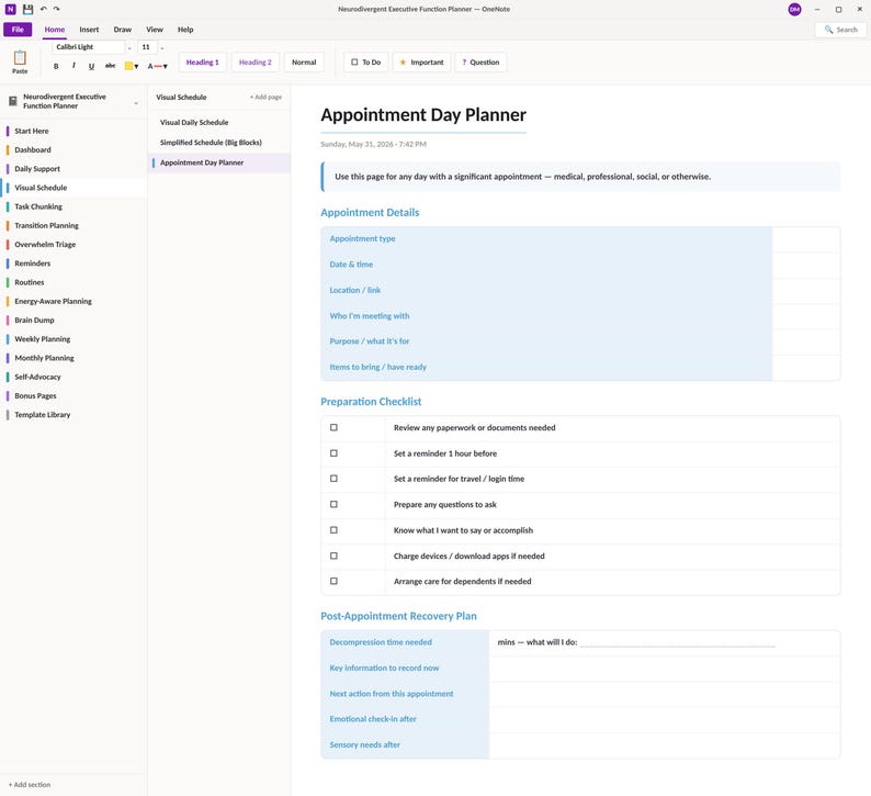 May include: A digital planner page titled Appointment Day Planner featuring sections for Appointment Details, a Preparation Checklist with checkboxes, and a Post-Appointment Recovery Plan. The layout includes light blue text boxes and fields.