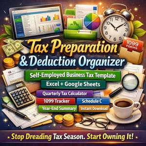 May include: An image promoting a tax preparation and deduction organizer. It features a laptop displaying charts, an alarm clock, stacks of documents, a calculator, and a cup of coffee. Text includes "Tax Preparation & Deduction Organizer" and "Stop Dreading Tax Season. Start Owning It!"