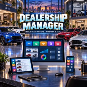Op de afbeelding: Een computermonitor, tablet en smartphone met Dealership Manager software, inclusief auto-inventaris, grafieken en iconen. De schermen tonen een dashboard-interface met afbeeldingen van blauwe, rode en zilveren auto's.