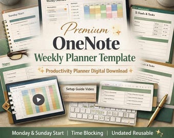 May include: A digital OneNote weekly planner template featuring a weekly overview, goals and tasks, and a setup guide video. The layout includes a tablet, a keyboard, a gold pen, and icons for a calendar, clock, and book on a neutral background.