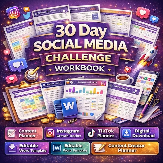 30 Day Social Media Challenge Workbook | Instagram TikTok Planner (Word Template)