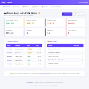 Pu&ograve; includere: Schermata di una dashboard e-commerce di ELDON-Digital. La dashboard mostra metriche chiave come il fatturato totale, l'utile netto e le entrate in sospeso. Mostra anche le fatture recenti e i prodotti pi&ugrave; venduti.