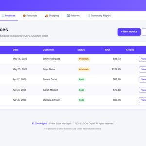 Pu&ograve; includere: Schermata dell'interfaccia del gestore del negozio online Eldon Digital, che mostra la sezione 'Fatture'. Lo schermo mostra una tabella con i dettagli della fattura, inclusi numeri di fattura, date, nomi dei clienti, stati e totali. Pulsanti per la visualizzazione e il download PDF.