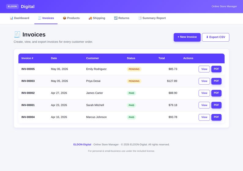 Pu&ograve; includere: Schermata dell'interfaccia del gestore del negozio online Eldon Digital, che mostra la sezione 'Fatture'. Lo schermo mostra una tabella con i dettagli della fattura, inclusi numeri di fattura, date, nomi dei clienti, stati e totali. Pulsanti per la visualizzazione e il download PDF.