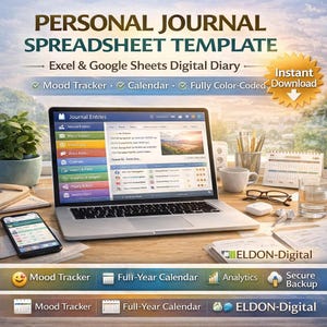 May include: A laptop displaying a digital diary spreadsheet template with the text "PERSONAL JOURNAL SPREADSHEET TEMPLATE." Features include a mood tracker, calendar, and analytics. Other items on the desk include a smartphone, coffee cup, and glasses.