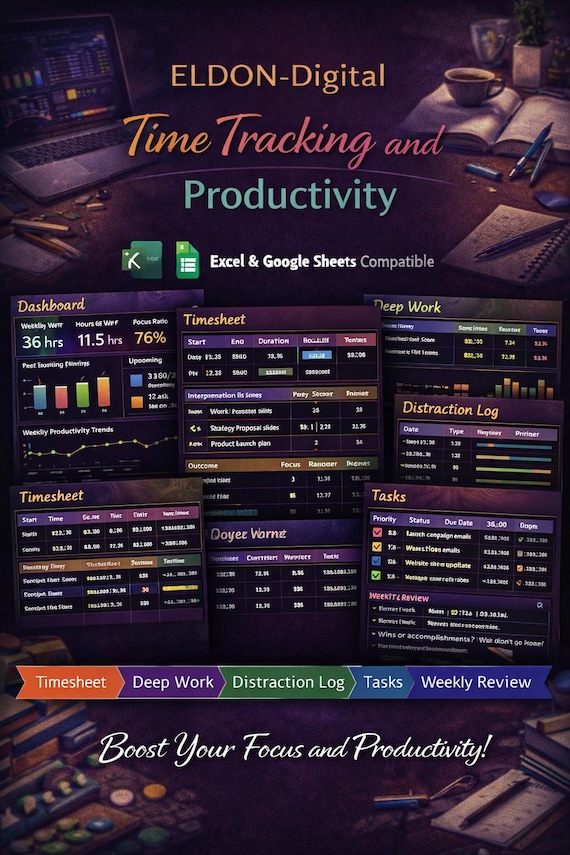 Time Tracking and Productivity Spreadsheet (Excel, Google Sheets)