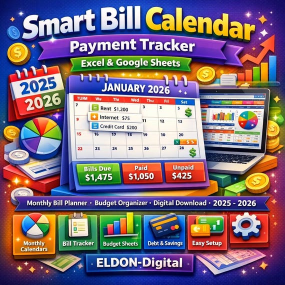 Smart Bill Calendar Payment Tracker | Monthly Budget Planner (Digital Download)