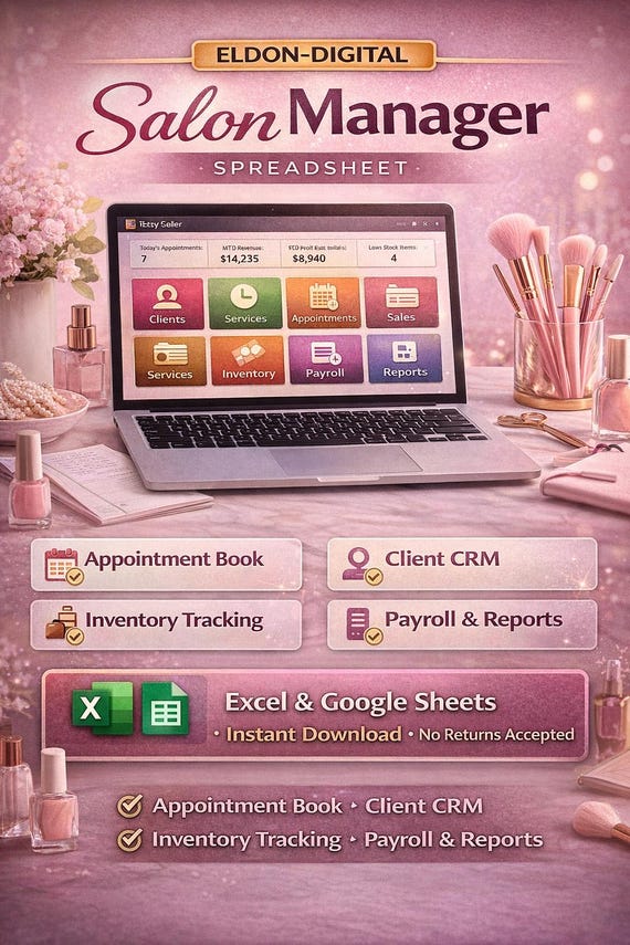 Salon Manager Spreadsheet, Appointment Book, Client CRM, Sales Tracker (Digital Download)