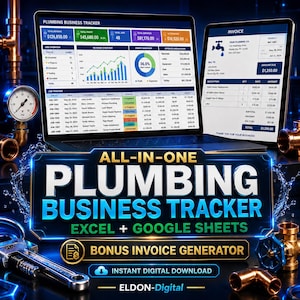 Op de afbeelding: Een digitale tracker voor loodgietersbedrijven op een laptopscherm, met een Excel- en Google Sheets-interface, financiële grafieken, taakvolgtabellen en een factuurgenerator. De tekst bevat All-In-One Plumbing Business Tracker, Excel + Google Sheets en Bonus Invoice Generator.