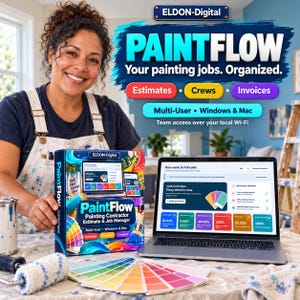 Op de afbeelding: PaintFlow software van ELDON-Digital voor schildersbedrijven. De doos toont de softwarenaam, functies zoals schattingen, teams en facturen, en compatibiliteit met Windows en Mac. Een laptop toont de dashboardinterface.