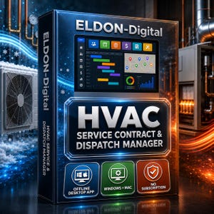 Puede incluir: Una caja de software rectangular para ELDON-Digital HVAC Service Contract & Dispatch Manager. El empaque azul oscuro presenta una interfaz de panel digital, gráficos de sistemas HVAC e íconos para la aplicación de escritorio y compatibilidad.