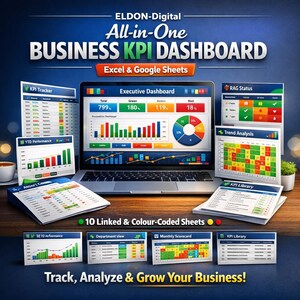Può includere: Un laptop che mostra un dashboard KPI aziendale con grafici e diagrammi. L'immagine include il testo "All-in-One BUSINESS KPI DASHBOARD" e "Track, Analyze & Grow Your Business!" Schermi aggiuntivi mostrano KPI Tracker e KPI Library.