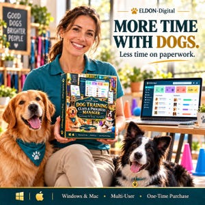 Dog Training Business Software, Multi-User Class and Progress Manager, Pet Sitting Scheduler, Client Tracker and Invoices, Digital Download