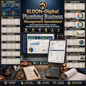 Puede incluir: Hoja de cálculo digital de gestión de negocios de fontanería con el logotipo de Eldon Plumbing. La imagen muestra una computadora portátil, una tableta y una calculadora, junto con herramientas de fontanería y una taza de café. La hoja de cálculo incluye paneles, facturación y contabilidad.