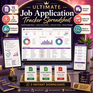 May include: A digital job application tracker spreadsheet displayed on a laptop, tablet, and phone. The image includes the text "ULTIMATE Job Application Tracker Spreadsheet" and "3 Instant Downloads". A gold star and a mug with the text "Your Future is Waiting" are also visible.