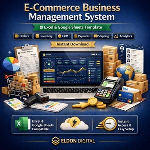 May include: An advertisement for an e-commerce business management system. The image features a laptop displaying data, a credit card reader, shipping boxes, and icons for orders, inventory, and payments. The text reads "E-Commerce Business Management System" and "Excel & Google Sheets Template."