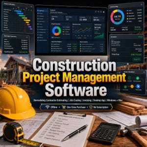 May include: Construction project management software display featuring a dashboard, job costing charts, and invoice details. A yellow hard hat, tape measure, checklist, pen, calculator, and hammer are arranged on a wooden desk with blueprints.