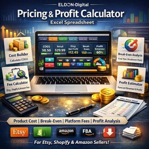 May include: A laptop displaying a pricing and profit calculator spreadsheet. The image includes icons for cost builder, fee calculator, break-even analysis, and profit estimator. Gold coins, a calculator, and a pen are also present. Text reads "For Etsy, Shopify & Amazon Sellers!"