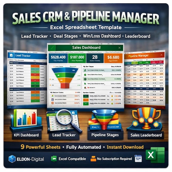 Sales CRM Excel Template – Small Business Pipeline Manager, Lead Tracker (Digital Download)