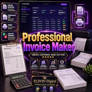 Pu&ograve; includere: Una grafica digitale che promuove un creatore di fatture professionale. L'immagine presenta un laptop che mostra i dati delle fatture, una stampante, fatture stampate e il testo "Professional Invoice Maker."
