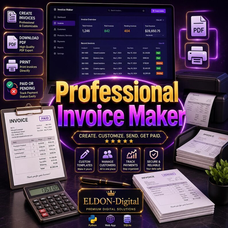 Pu&ograve; includere: Una grafica digitale che promuove un creatore di fatture professionale. L'immagine presenta un laptop che mostra i dati delle fatture, una stampante, fatture stampate e il testo "Professional Invoice Maker."