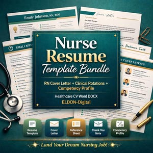 May include: A teal and gold Nurse Resume Template Bundle with the text "Nurse Resume Template Bundle". Includes a cover letter, clinical rotations, and competency profile. Also includes a stethoscope, pens, and paperclips.