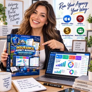 May include: A digital software product box titled Insurance Agency Manager Multi-User CRM, featuring a laptop displaying a dashboard with charts, a notebook with a handwritten to-do list, and a pen labeled Success Happens Here on a desk.